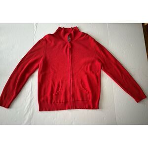 Sag Harbor Women's Petite Large Red Thermal Collared  Full Zip Sweater Pockets